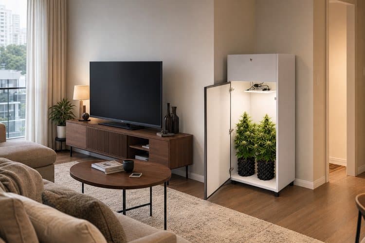 Growbox Pro branca aberta em sala de apartamento